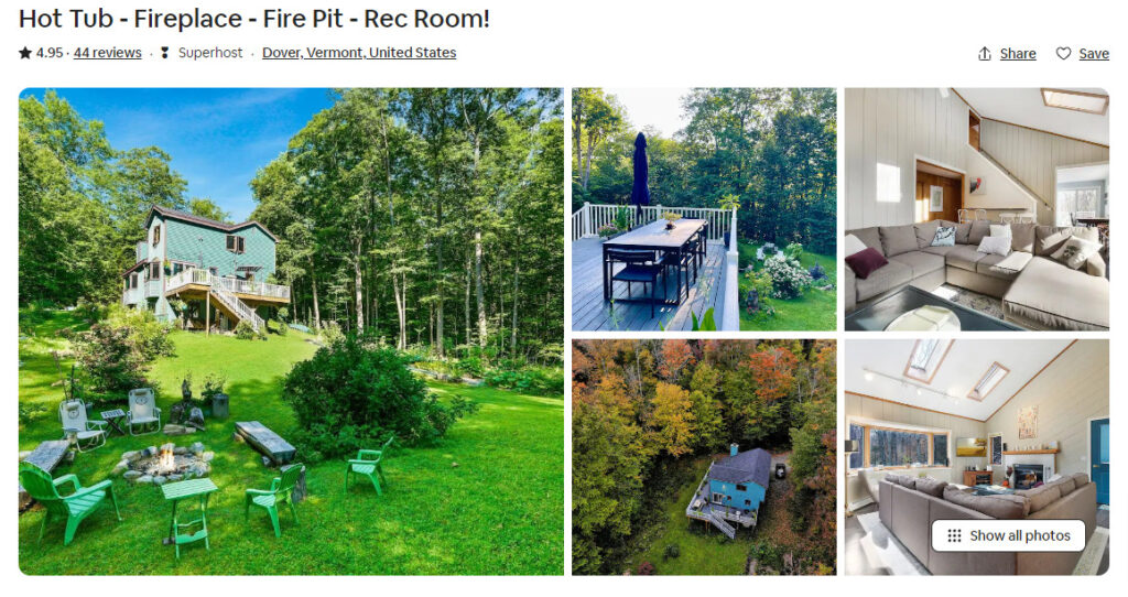 A collage shows a blue house in the woods, a backyard with outdoor seating, a deck with a dining table, a bright living room for questions and answers, and an aerial view of the property surrounded by trees.