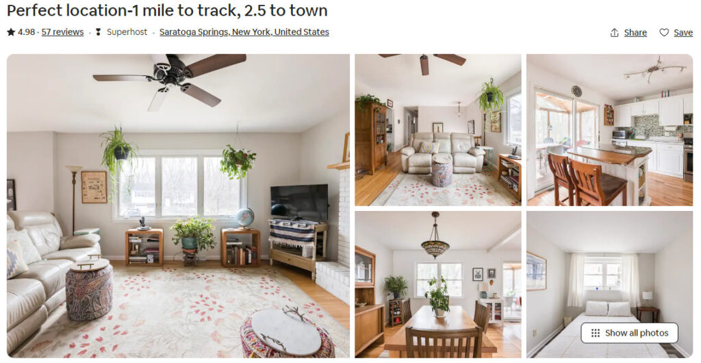 A bright, cozy living space with neutral walls, leafy plants, a ceiling fan, a patterned rug, and light-colored furniture. Includes images of a living room, dining area, kitchen, and a sunlit bedroom—perfect for Questions and Answers sessions.