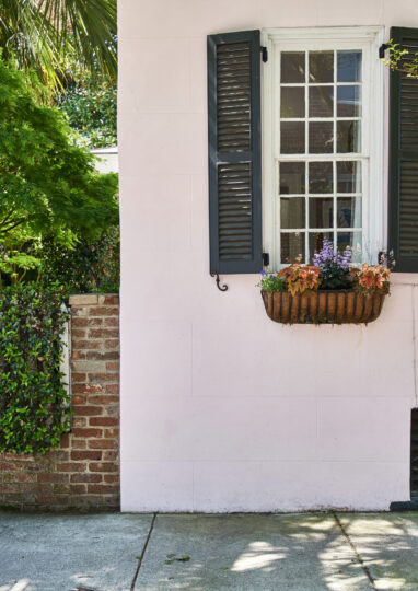 A light pink house with dark shutters and flower boxes under the windows, next to a brick wall and leafy green plants—a perfect showcase for Charleston rental marketing, with a tree casting inviting shadows on the sidewalk.